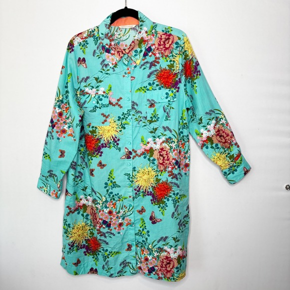 Soft Surroundings Turquoise Floral Butterfly Linen Blend Shirt Dress Size L - Picture 3 of 10